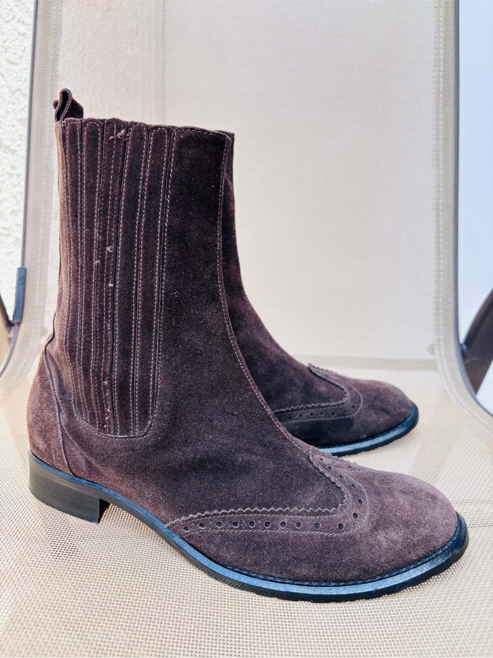 Jenrigò Suede Brogue Wingtip Chelsea Boots Italy Made Style 38.5 Dark Brown